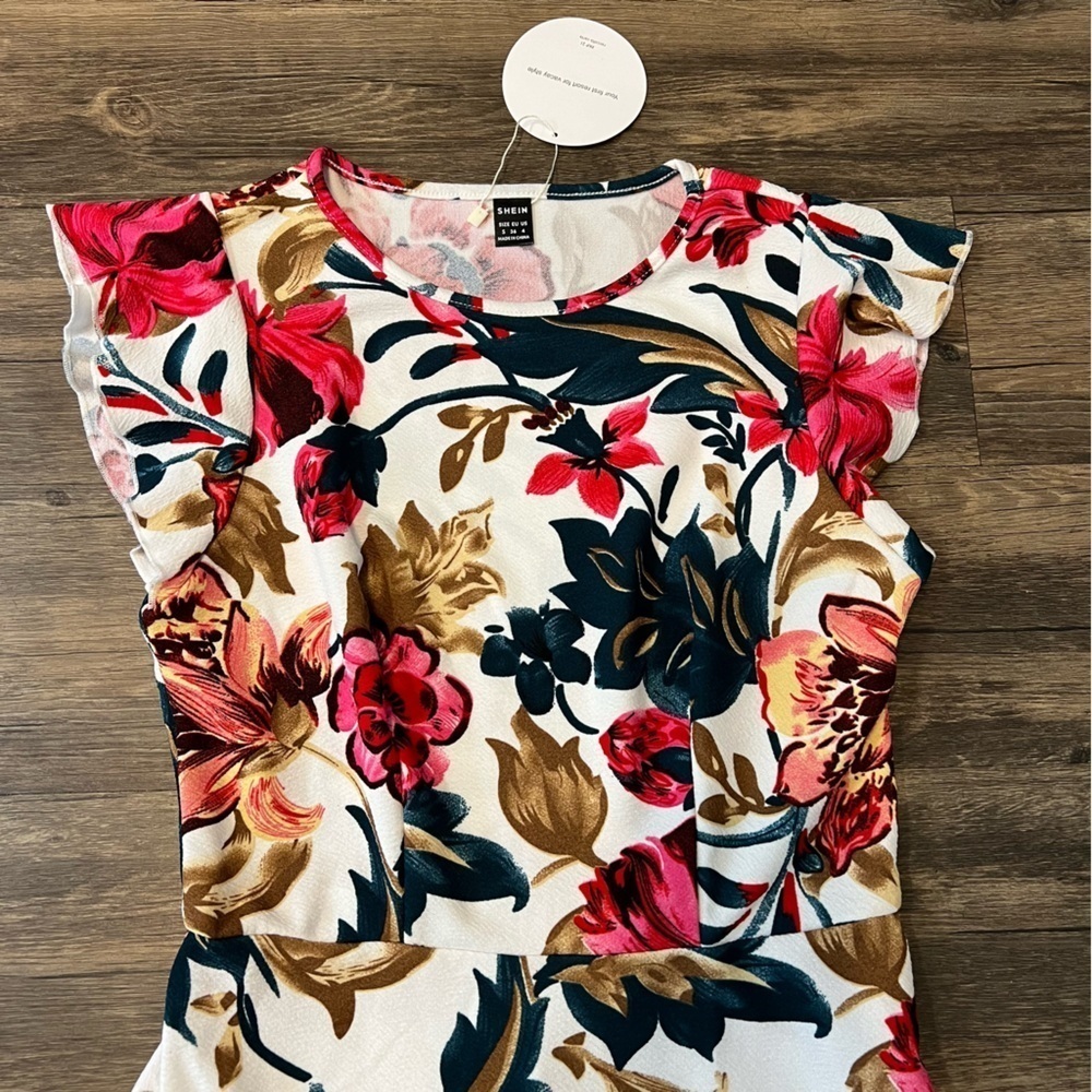 NWT SHEIN Ruffle Short Sleeves Floral Ruffled Hem A Line Dress Summer Casual S - Picture 6 of 8